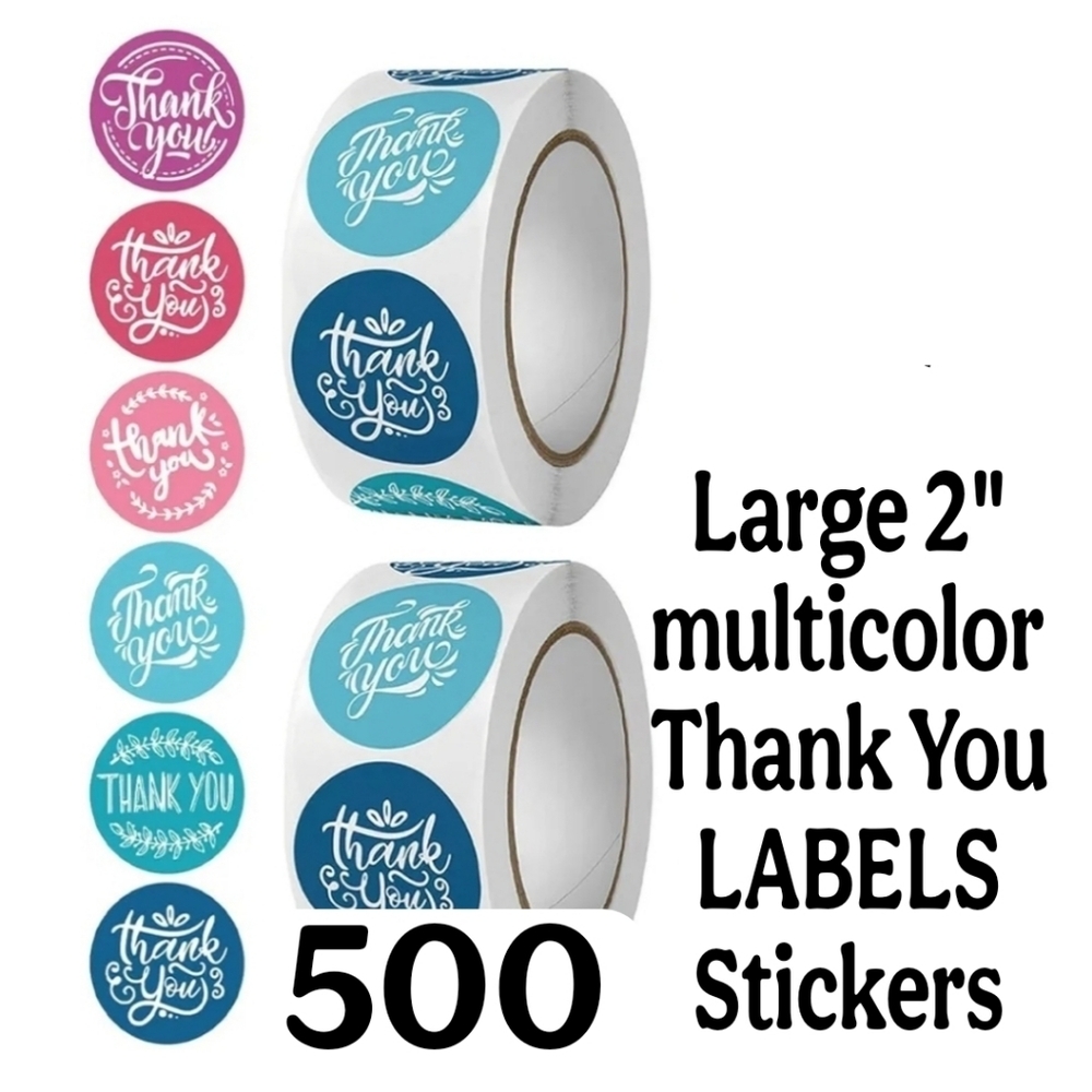 LARGE 2" MULTICOLOR THANK YOU STICKERS LABELS 500PC ROLL. Please Bundle